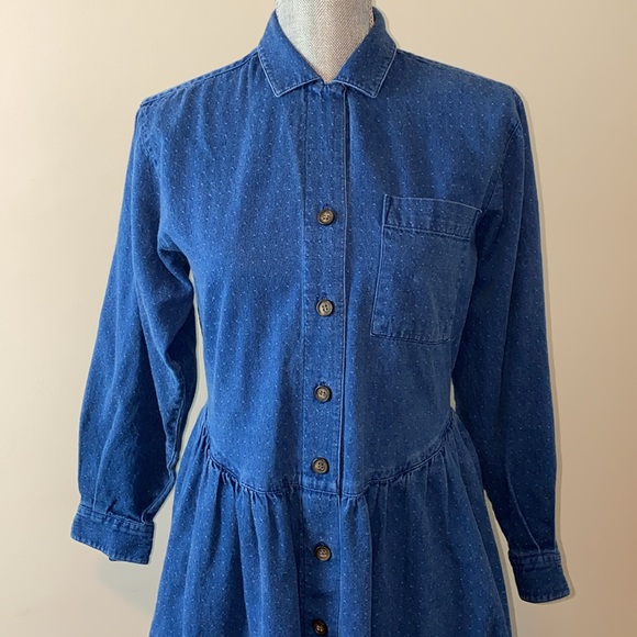 Vintage Eddie Bauer Button Front Polka Dot Denim Midi Dress Size Small - Picture 3 of 15